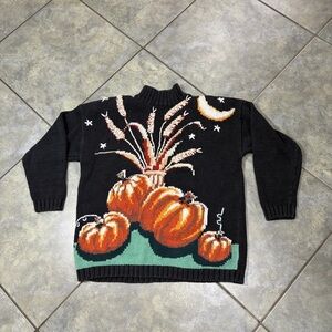 Vtg Halloween Pumpkin Harvest Embroidered Sweater M Grandma RARE Premimum Boho